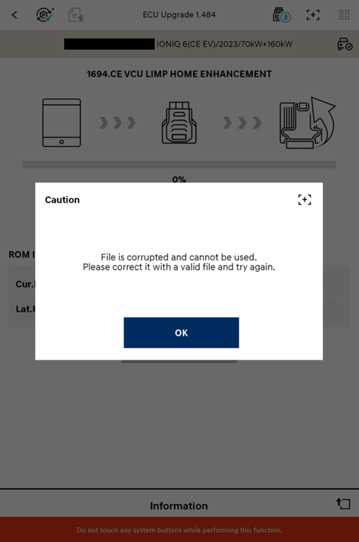 ECU upgrade error message: File is corrupted and cannot         be used. Please correct it with a valid file and try again