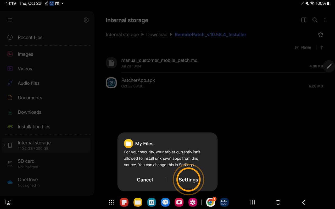 [Settings] button in the dialog blocking installation of unknown apps