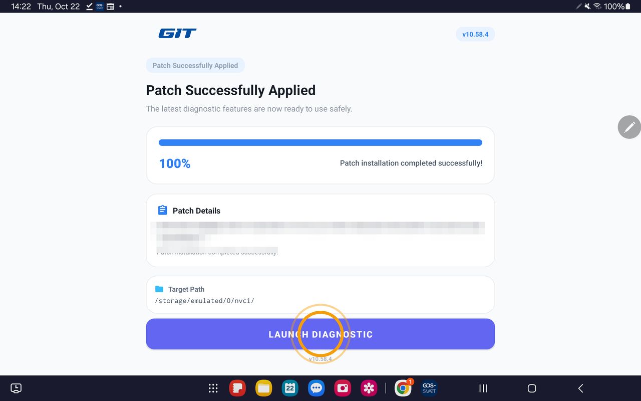 [Launch Diagnostic] button on the [Patch Successfully Applied] 100% screen