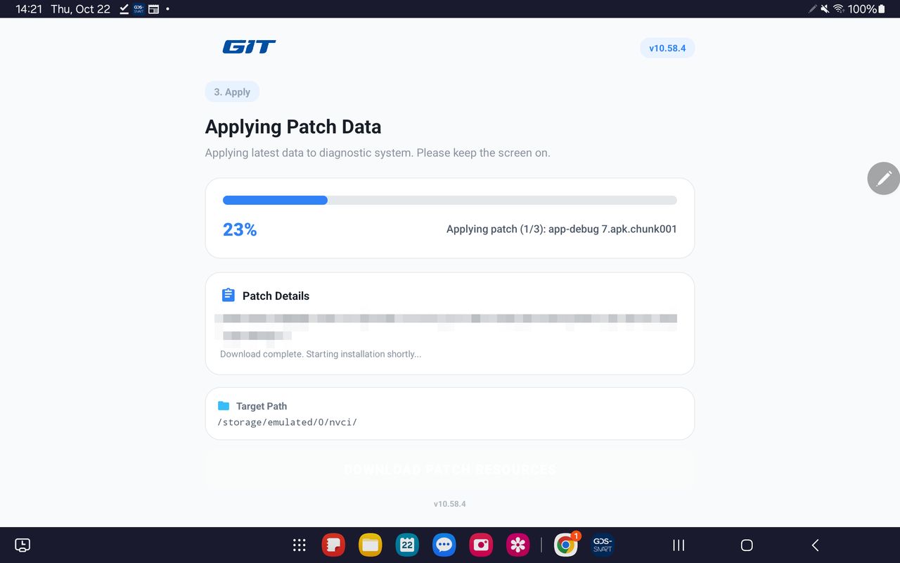 Écran de progression de l’application du correctif du système de diagnostic