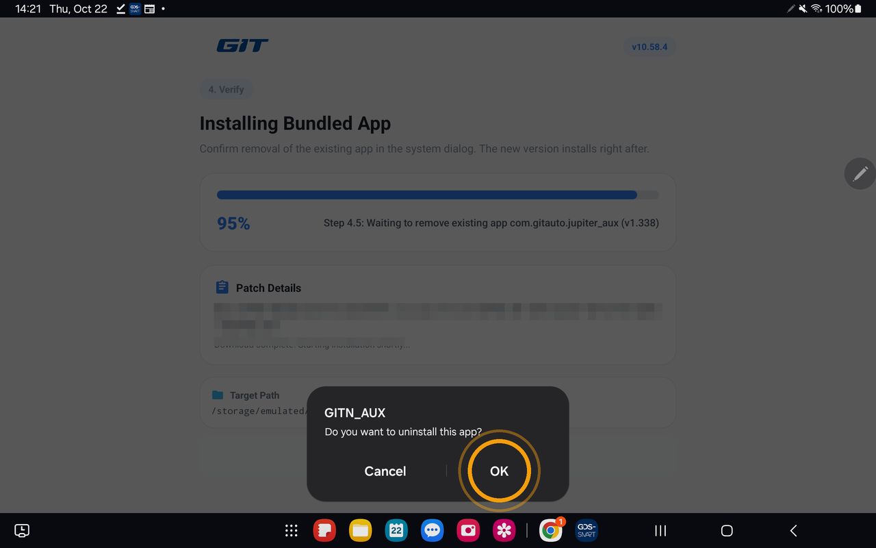 Bouton [OK] dans la boîte de dialogue de confirmation de désinstallation de l’application existante