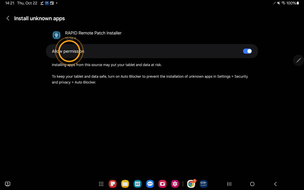 [Allow permission] activé sur l’écran [Install unknown apps] de RAPID Remote Patch Installer